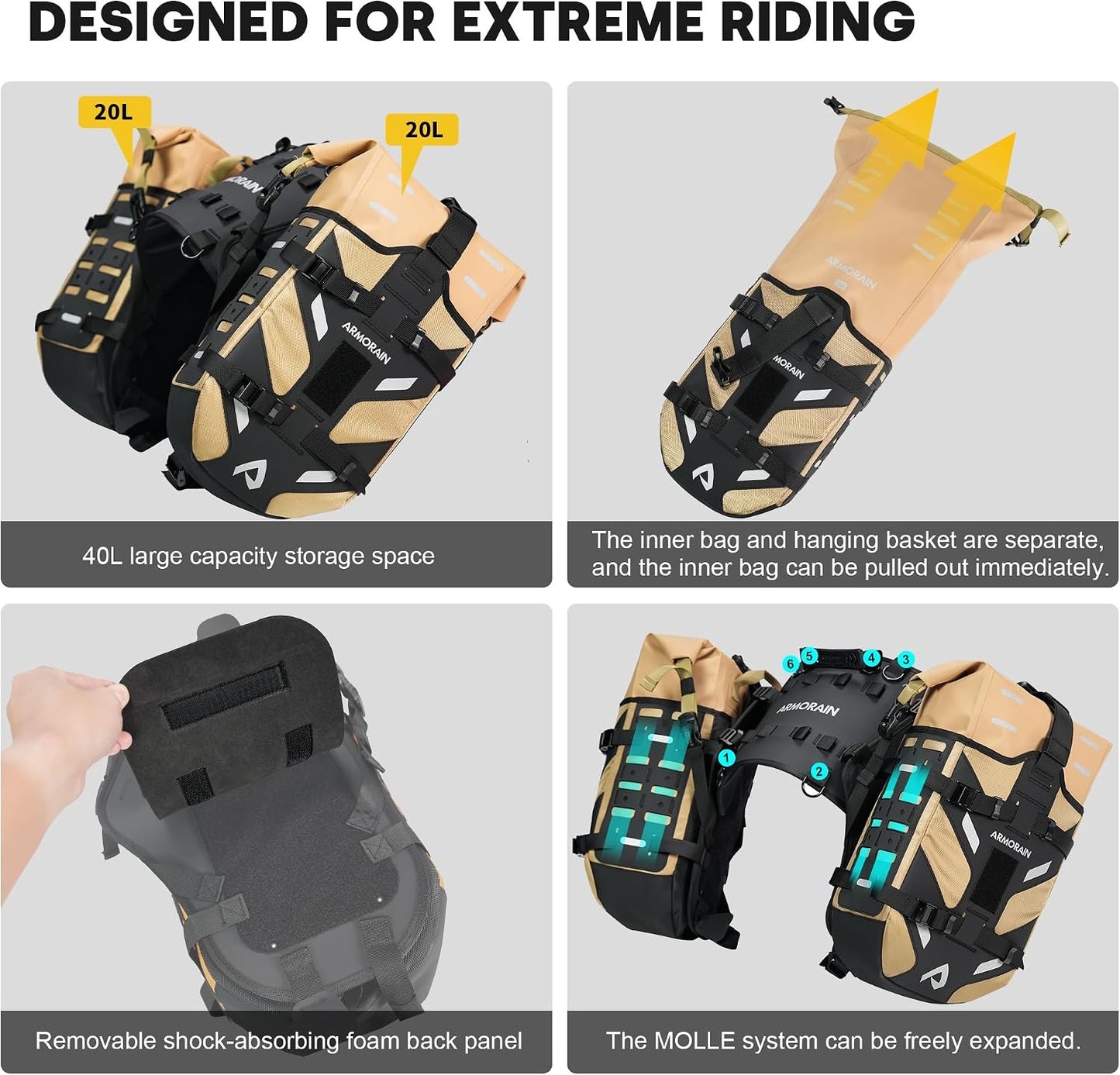 ARMORAIN 40L (20L+20L) Quick-Release Waterproof Motorcycle Saddlebag System